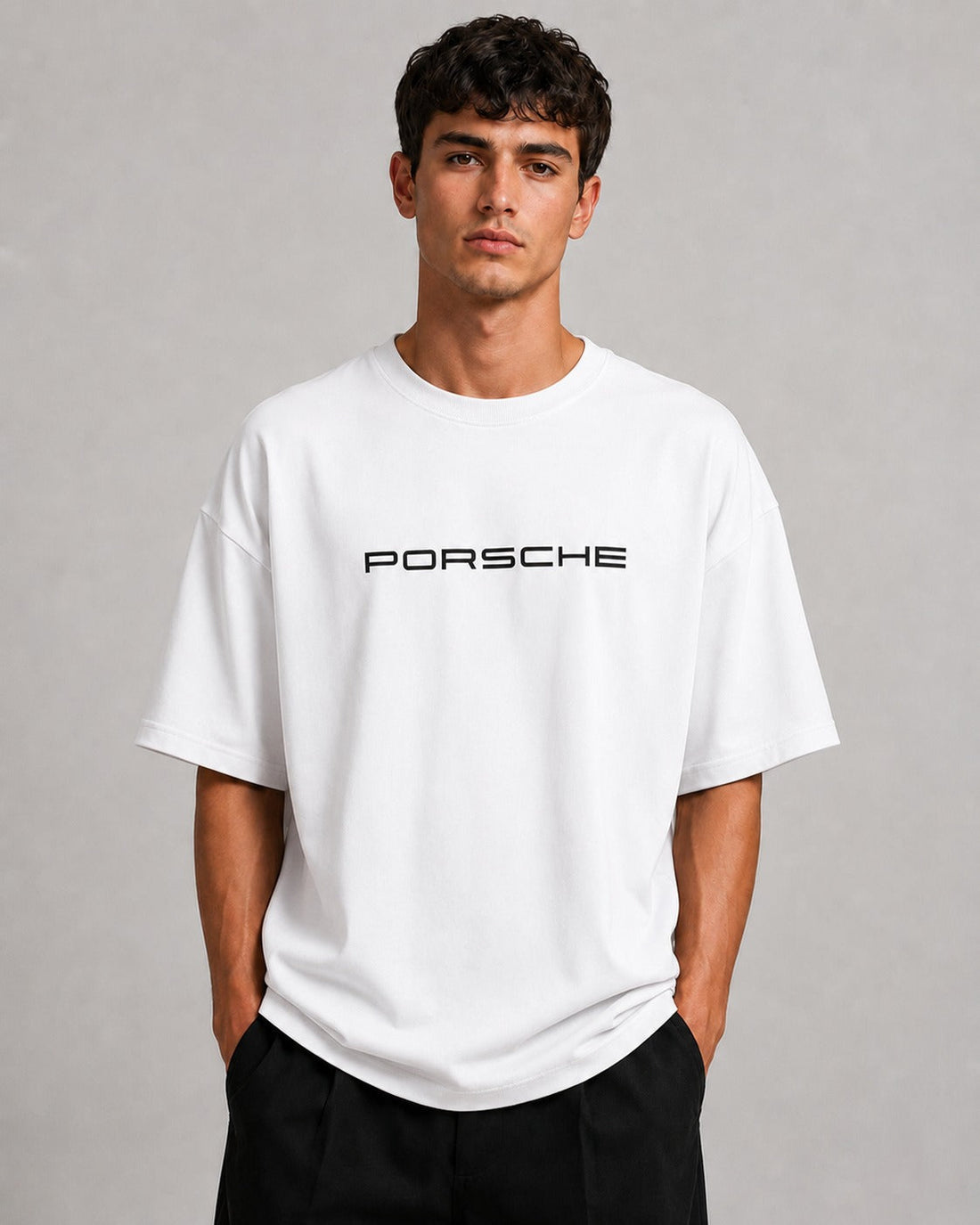 Porsche Logo Oversized Premium White T-Shirt for Men | Soft Cotton Casual Tee ( FKSM D 10 )